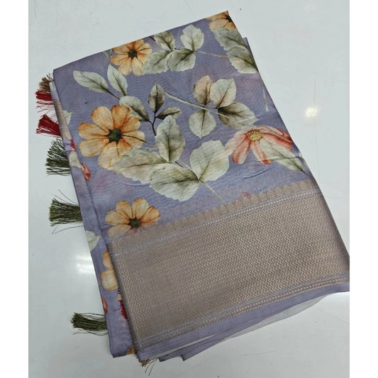 Generic Women's Cotton Silk Floral Printed Saree With Unstitched Blouse 5.5Mtr (Grey)