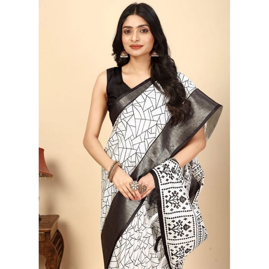 Generic Women's Cotton Silk Printed Saree With Unstitched Blouse 5.5Mtr (White-Black)