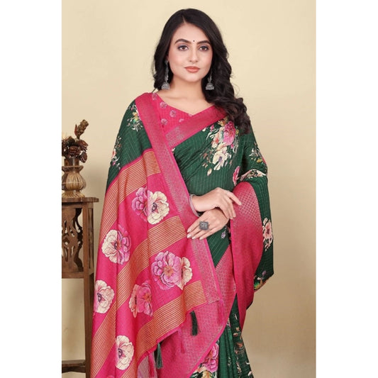 Generic Women's Cotton Blend Floral Printed Saree With Unstitched Blouse 5.5Mtr (Green)
