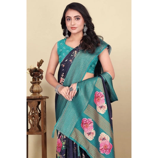 Generic Women's Cotton Blend Floral Printed Saree With Unstitched Blouse 5.5Mtr (Navy Blue)