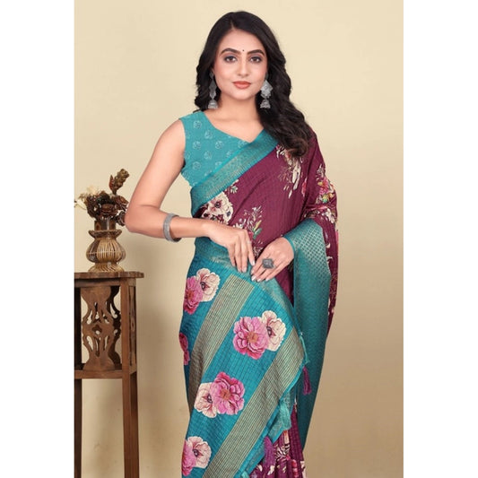 Generic Women's Cotton Blend Floral Printed Saree With Unstitched Blouse 5.5Mtr (Maroon)