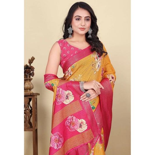 Generic Women's Cotton Blend Floral Printed Saree With Unstitched Blouse 5.5Mtr (Yellow)