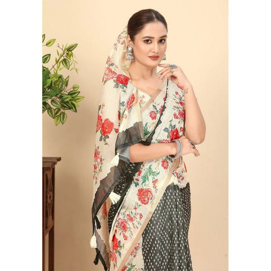 Generic Women's Chanderi Floral Printed Saree With Unstitched Blouse 5.5Mtr (Black)