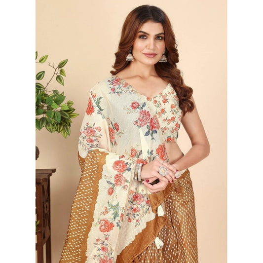 Generic Women's Cotton Silk Floral Printed Saree With Unstitched Blouse 5.5Mtr (Brown)