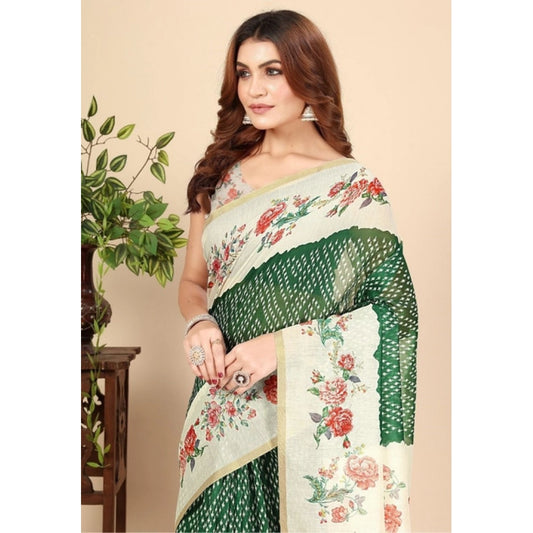 Generic Women's Chanderi Floral Printed Saree With Unstitched Blouse 5.5Mtr (Green)