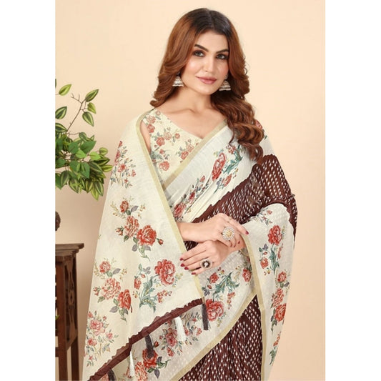 Generic Women's Chanderi Floral Printed Saree With Unstitched Blouse 5.5Mtr (Maroon)