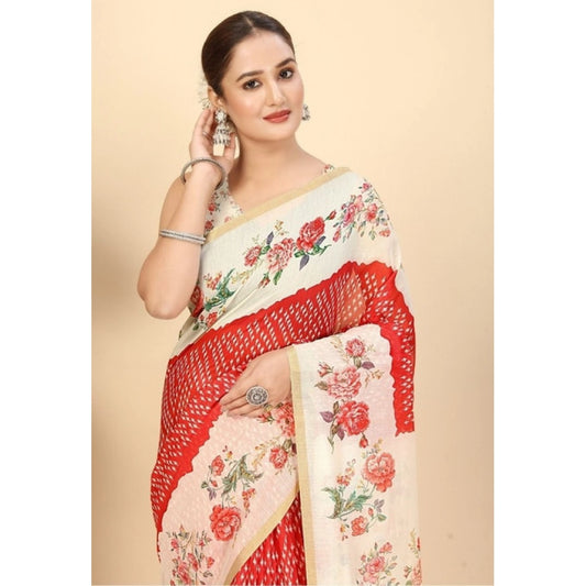Generic Women's Chanderi Floral Printed Saree With Unstitched Blouse 5.5Mtr (Red)