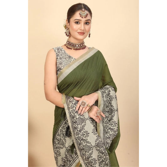 Generic Women's Chanderi Printed Saree With Unstitched Blouse 5.5Mtr (Green)