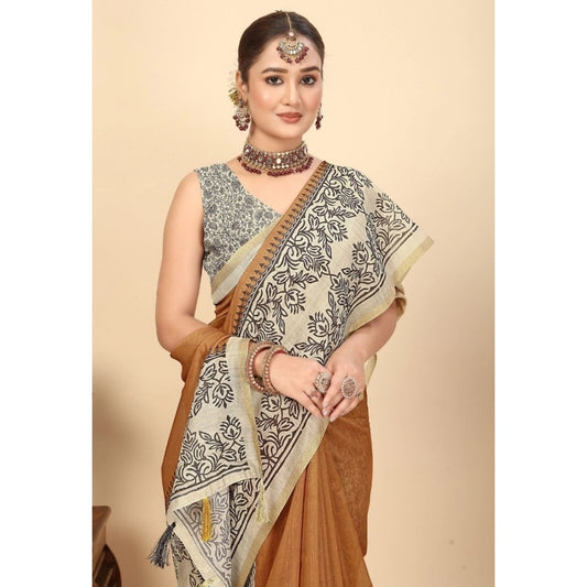 Generic Women's Chanderi Printed Saree With Unstitched Blouse 5.5Mtr (Brown)
