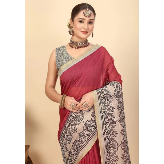 Generic Women's Chanderi Printed Saree With Unstitched Blouse 5.5Mtr (Pink)