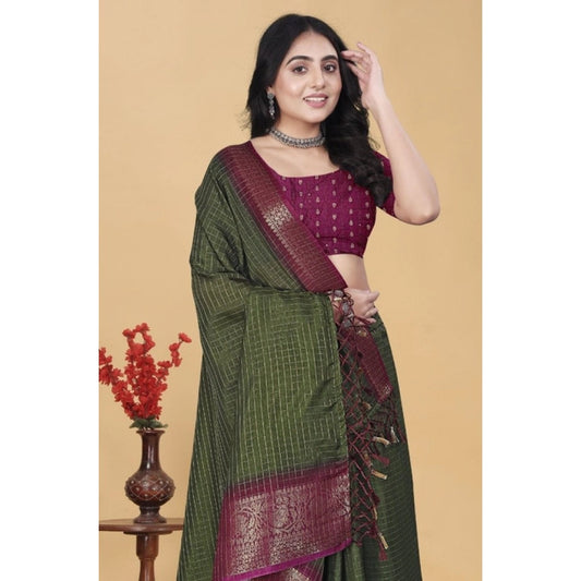 Generic Women's Cotton Blend Checkered Saree With Unstitched Blouse 5.5Mtr (Green)
