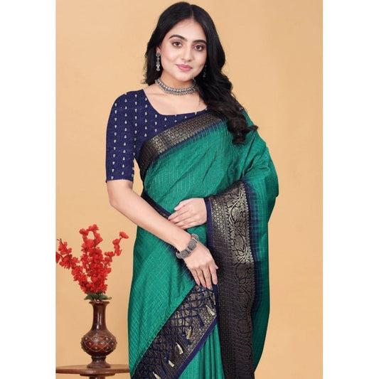 Generic Women's Cotton Blend Checkered Saree With Unstitched Blouse 5.5Mtr (Teal Green)
