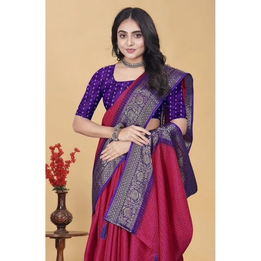 Generic Women's Cotton Blend Checkered Saree With Unstitched Blouse 5.5Mtr (Pink)