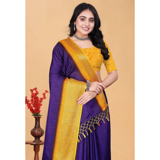 Generic Women's Cotton Blend Checkered Saree With Unstitched Blouse 5.5Mtr (Royal Blue)