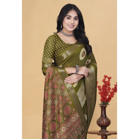 Generic Women's Art Silk Printed Saree With Unstitched Blouse 5.5Mtr (Mehendi)