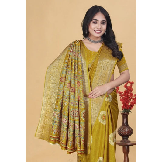 Generic Women's Art Silk Printed Saree With Unstitched Blouse 5.5Mtr (Mustard)