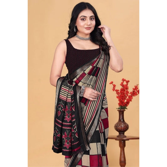 Generic Women's Dupion Silk Block Printed Saree With Unstitched Blouse 5.5Mtr (Multicolor)