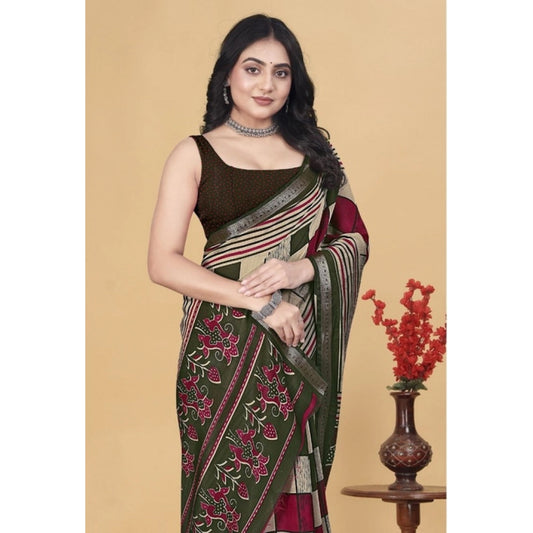 Generic Women's Dupion Silk Block Printed Saree With Unstitched Blouse 5.5Mtr (Multicolor)